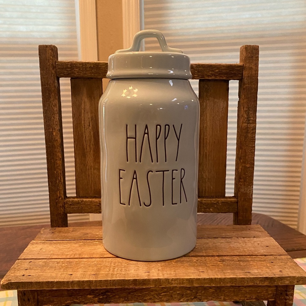 Rae Dunn Tall Blue Ceramic Happy Easter Canister Removable Lid, Easter Decor